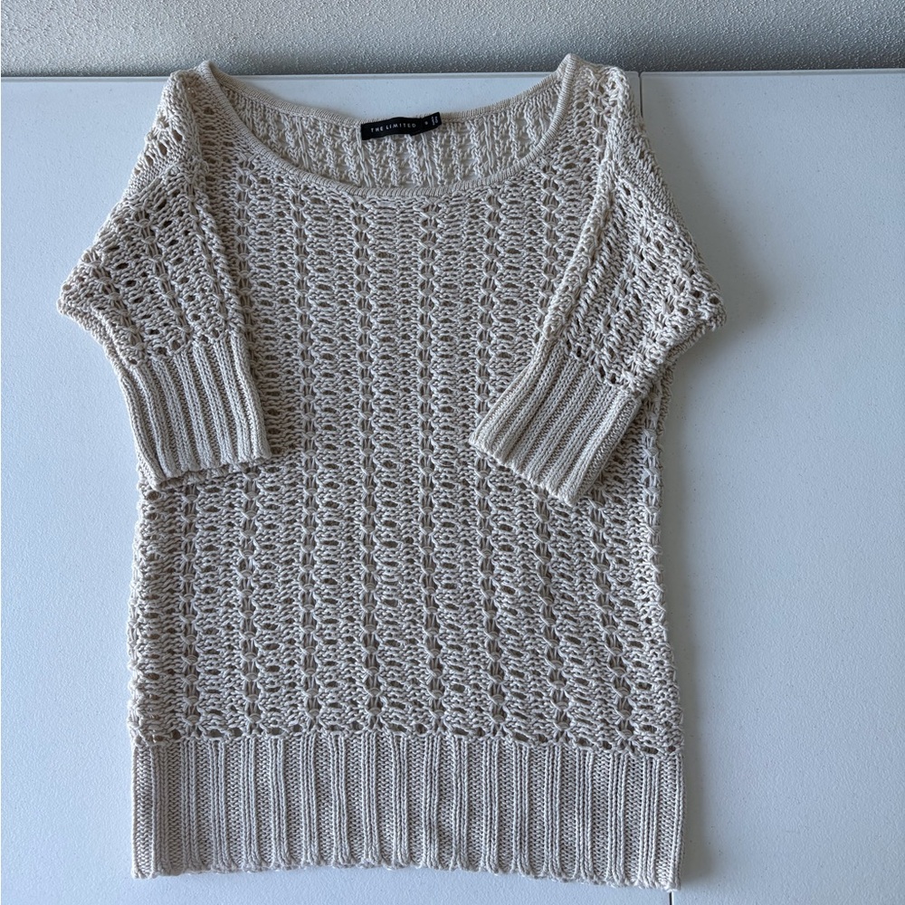 The Limited Small Linen Open Knit Crochet Cream Shirt Sleeve Sweater Boho Beach‎ - Picture 4 of 13